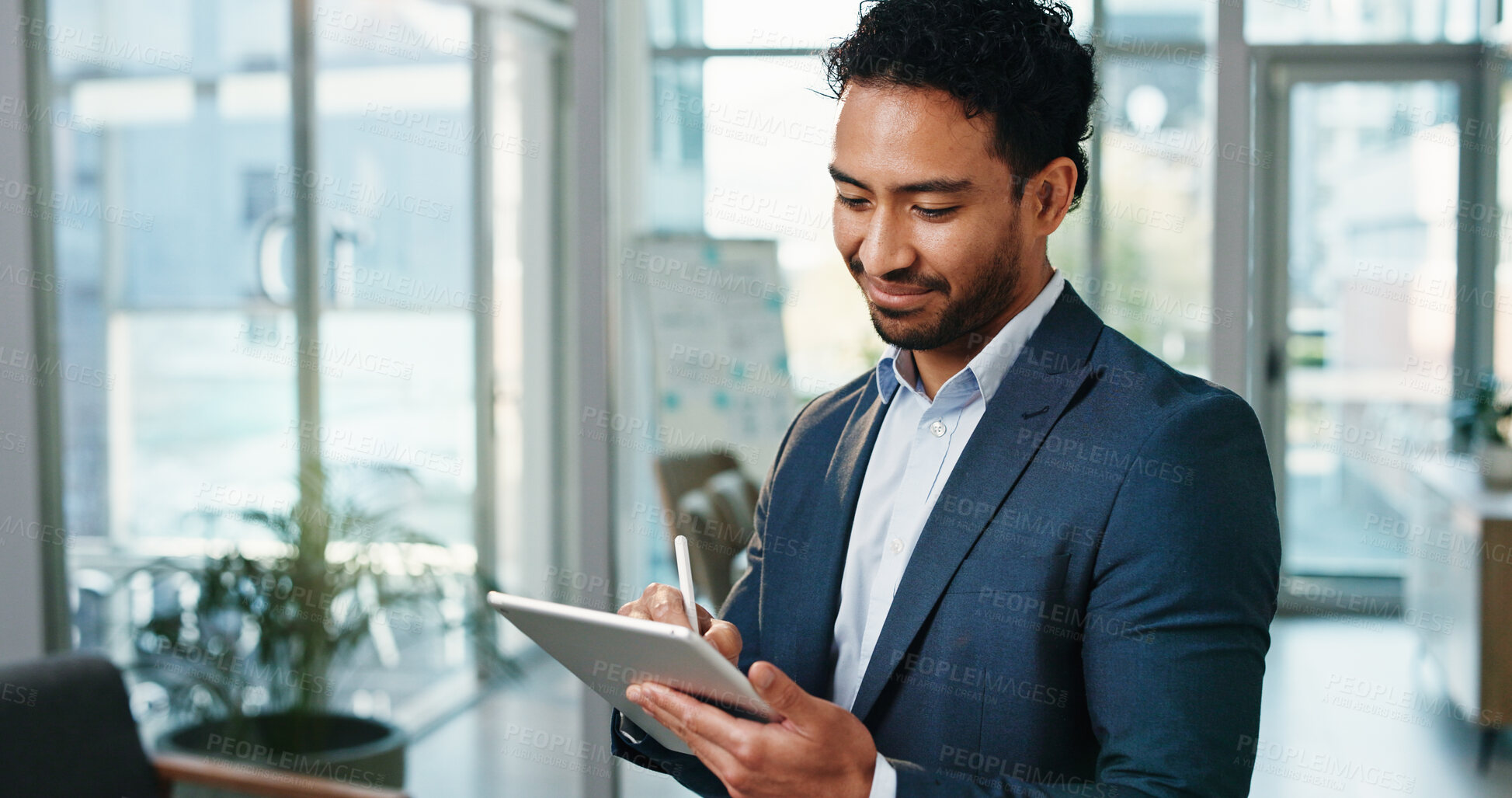 Buy stock photo Smile, business man or writing on tablet for funding request approval, digital signature or consent. Budget analyst, online contract and stylus in office for advisory agreement, confirmation and sign