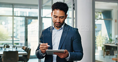 Buy stock photo Businessman, tablet and notes at office with review, planning and writing with insight at investment agency. Person, advisor or broker with fintech, application or asset management at finance company