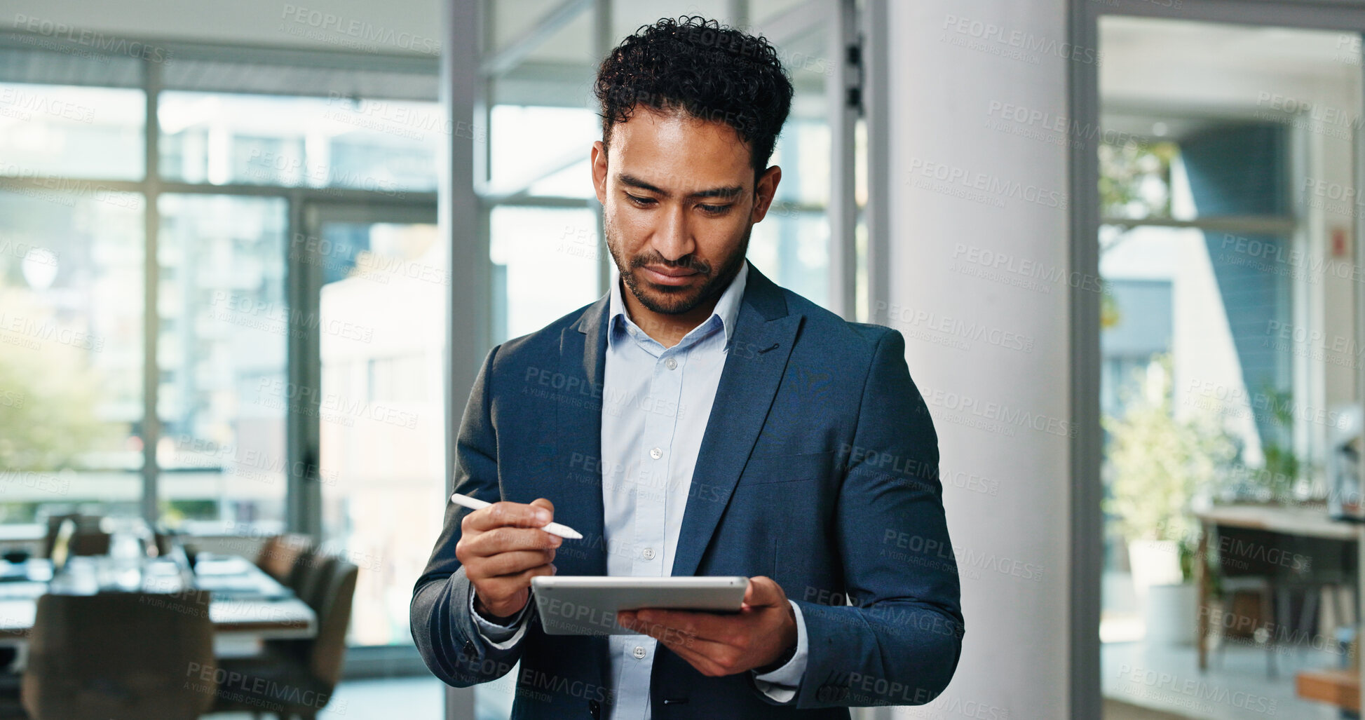 Buy stock photo Businessman, tablet and notes at office with review, planning and writing with insight at investment agency. Person, advisor or broker with fintech, application or asset management at finance company