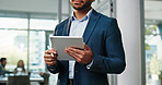 Hands, tablet and project at office with review, market research and notes for stock at investment agency. Person, advisor or broker with fintech, application or asset management at finance company