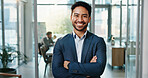Crossed arms, office and portrait of business man with confidence, pride and smile for finance job. Corporate, professional and face of worker for about us, financial consultant and career growth