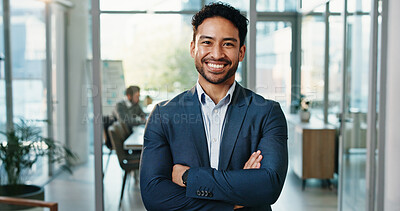 Buy stock photo Crossed arms, office and portrait of business man with confidence, pride and smile for finance job. Corporate, professional and face of worker for about us, financial consultant and career growth