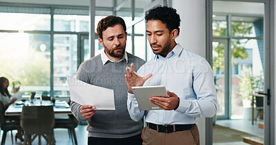 Buy stock photo Business, men and document with tablet in office for planning, finance report and budget review. People, team and digital with financial paperwork, payroll procedure and feedback for investment offer