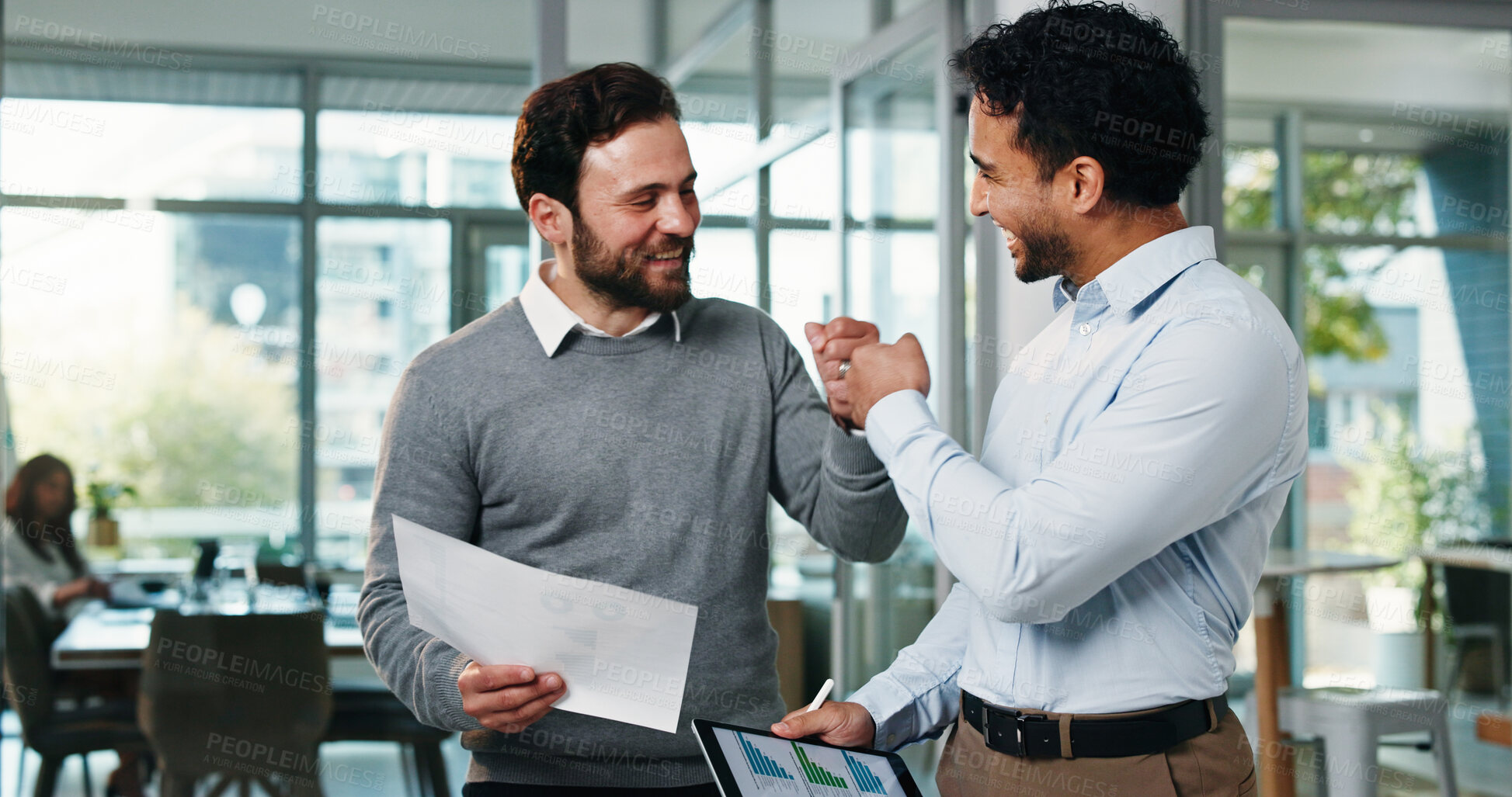 Buy stock photo Review, graphs or men in office with fist bump, investment opportunity or collaboration for cost report. Happy, partnership or analyst in agency with tech, profit or revenue growth in budget update.
