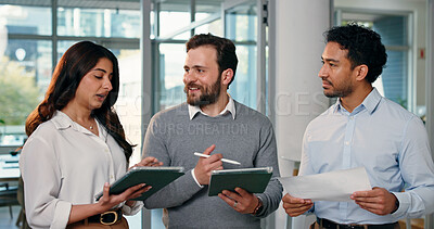 Buy stock photo People, talking and document with tablet in office for planning, finance report and budget review. Team, chat and digital with financial paperwork, payroll procedure and feedback for investment offer