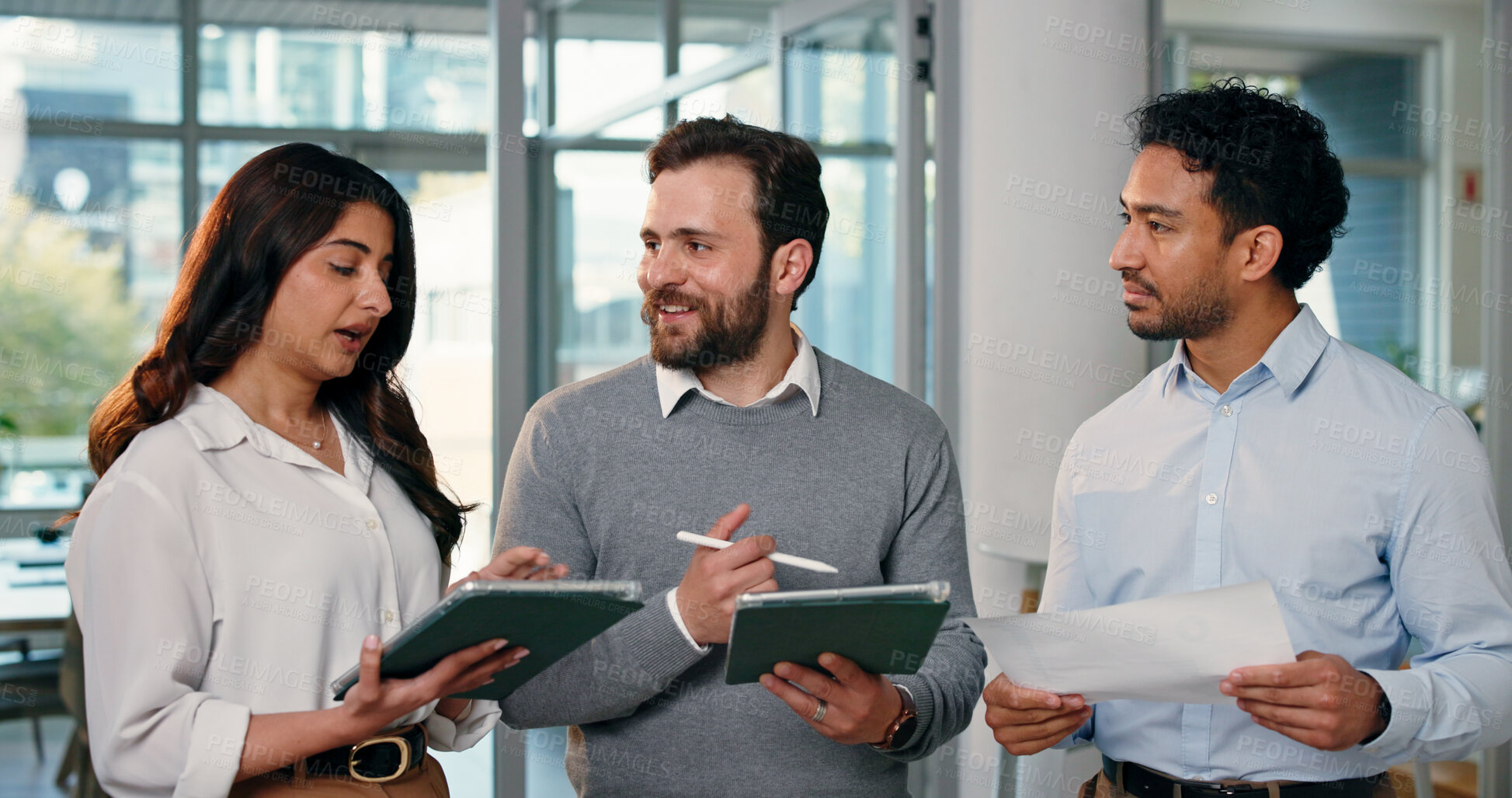 Buy stock photo People, talking and document with tablet in office for planning, finance report and budget review. Team, chat and digital with financial paperwork, payroll procedure and feedback for investment offer