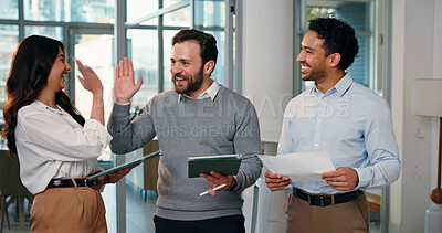 Buy stock photo Review, high five or team in office with tablet, collaboration or investment opportunity in progress update. Success, paper or analyst in agency with tech, profit or revenue growth in budget report.