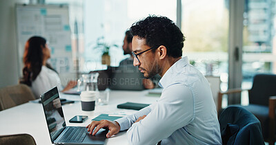 Buy stock photo Typing, online and businessman with laptop, office and research for wealth management and corporate. Digital, info and person with tech for project, financial analyst and planning for annual budget