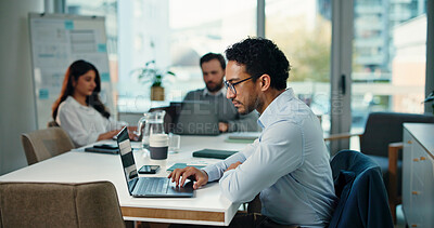 Buy stock photo Reading, laptop and research with business man in office for assets, account report and planning. Portfolio manager, broker review and online with person in agency for risk assessment and app