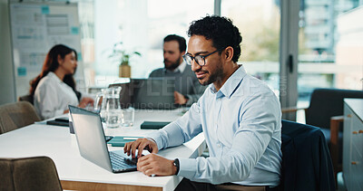 Buy stock photo Typing, research and businessman with laptop, office and online for wealth management and corporate. Digital, info and person with tech for project, financial analyst and planning for annual budget