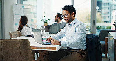 Buy stock photo Glasses, laptop and research with business man in office for assets, account report and planning. Portfolio manager, broker review and online with person in agency for risk assessment and reading