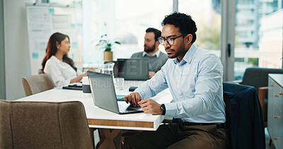 Buy stock photo Serious, employee and man with laptop, office and research for wealth management, typing and online. Digital, info and person with tech for project, financial analyst and planning for annual budget