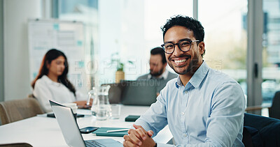 Buy stock photo Portrait, employee and man with glasses, boardroom or financial analyst with smile for career growth. Happy, person and confident for wealth manager with laptop, online and investment on website