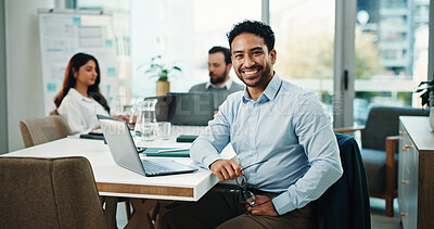 Buy stock photo Happy, boardroom and portrait of businessman in office for finance career, confidence and about us. Corporate, team and worker with smile, pride and laptop for investment, financial report or review