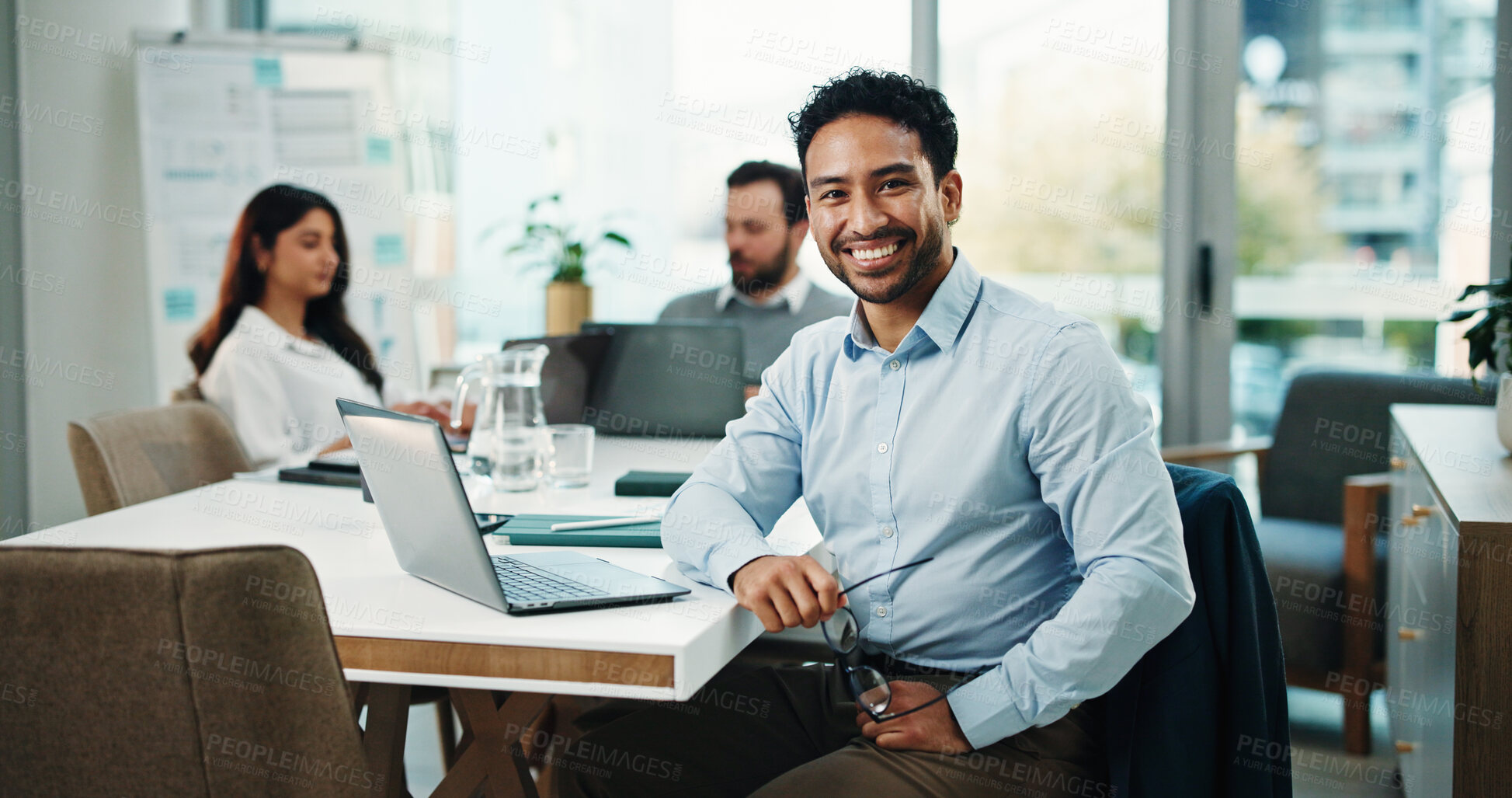 Buy stock photo Happy, boardroom and portrait of businessman in office for finance career, confidence and about us. Corporate, team and worker with smile, pride and laptop for investment, financial report or review