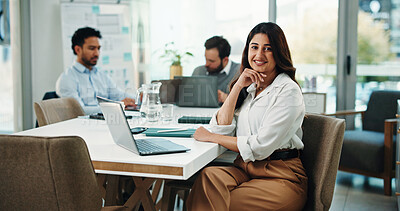 Buy stock photo Happy, boardroom and portrait of business woman for finance career, confidence and about us. Corporate office, team and worker with smile, pride and laptop for investment, financial report or review