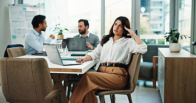 Buy stock photo Annoyed, business people and woman with laptop in office for glitch, financial mistake and phishing email. Stress, person and meeting with frustrated employee, tech and budget review for investment