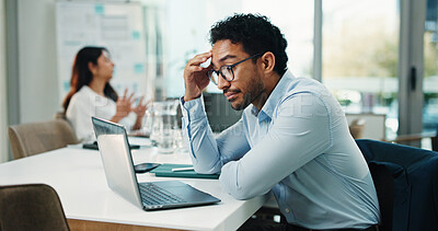 Buy stock photo Financial planner, thinking or man with laptop in office, insurance mistake or wealth proposal problem. Coworking, investment fail or team with pc for tax debt, review project or company performance