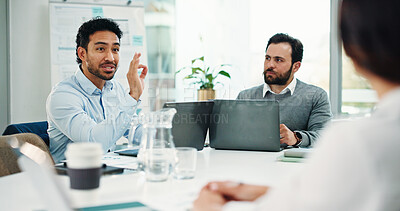 Buy stock photo Meeting, discussion and planning with business people in office for research, project schedule and team. Proposal feedback, collaboration and progress report with employees in agency for advice