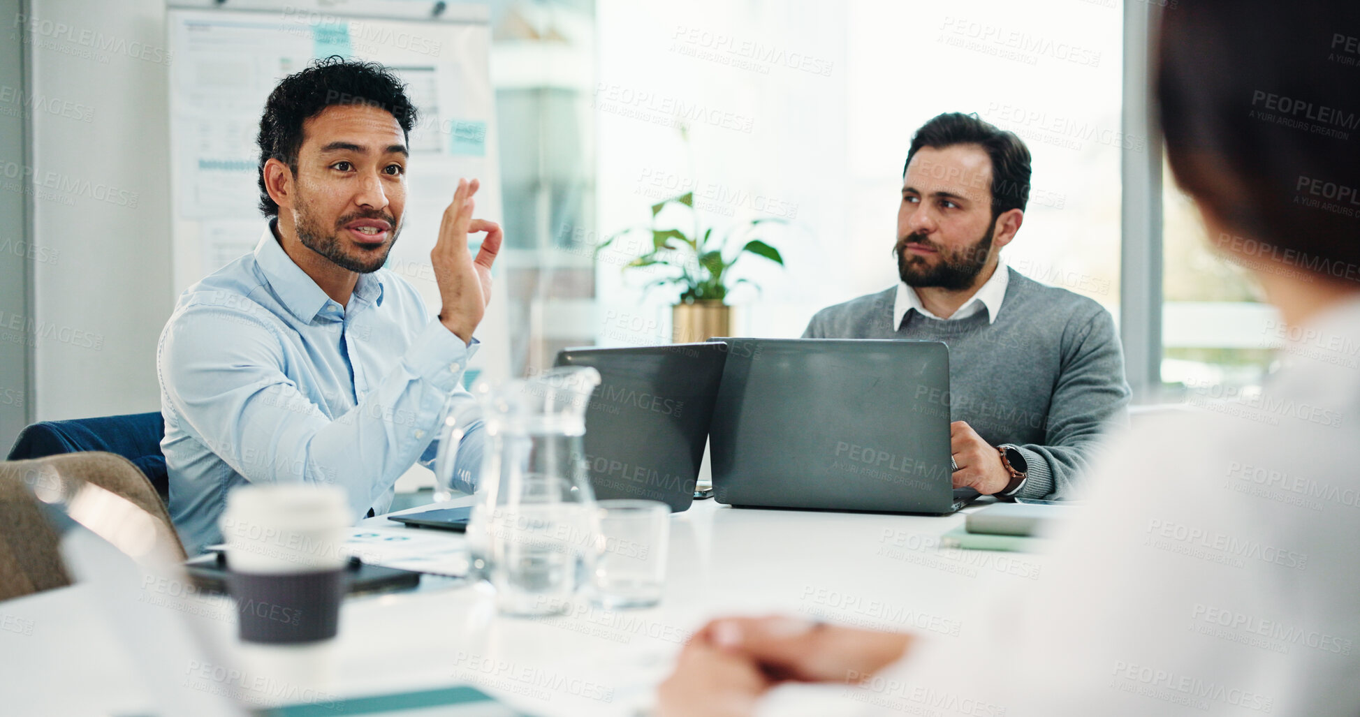 Buy stock photo Meeting, discussion and planning with business people in office for research, project schedule and team. Proposal feedback, collaboration and progress report with employees in agency for advice
