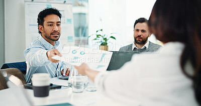 Buy stock photo Business people, documents and graphs at office meeting with team, review or stats at finance company. Group, staff and planning with charts, asset management and feedback at investment agency