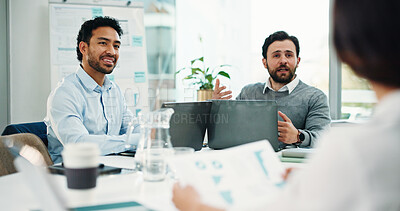 Buy stock photo Business people, meeting and laptop with documents for discussion, analytics or company performance. Group, employees or colleagues with paperwork for revenue, statistics or progress in workplace