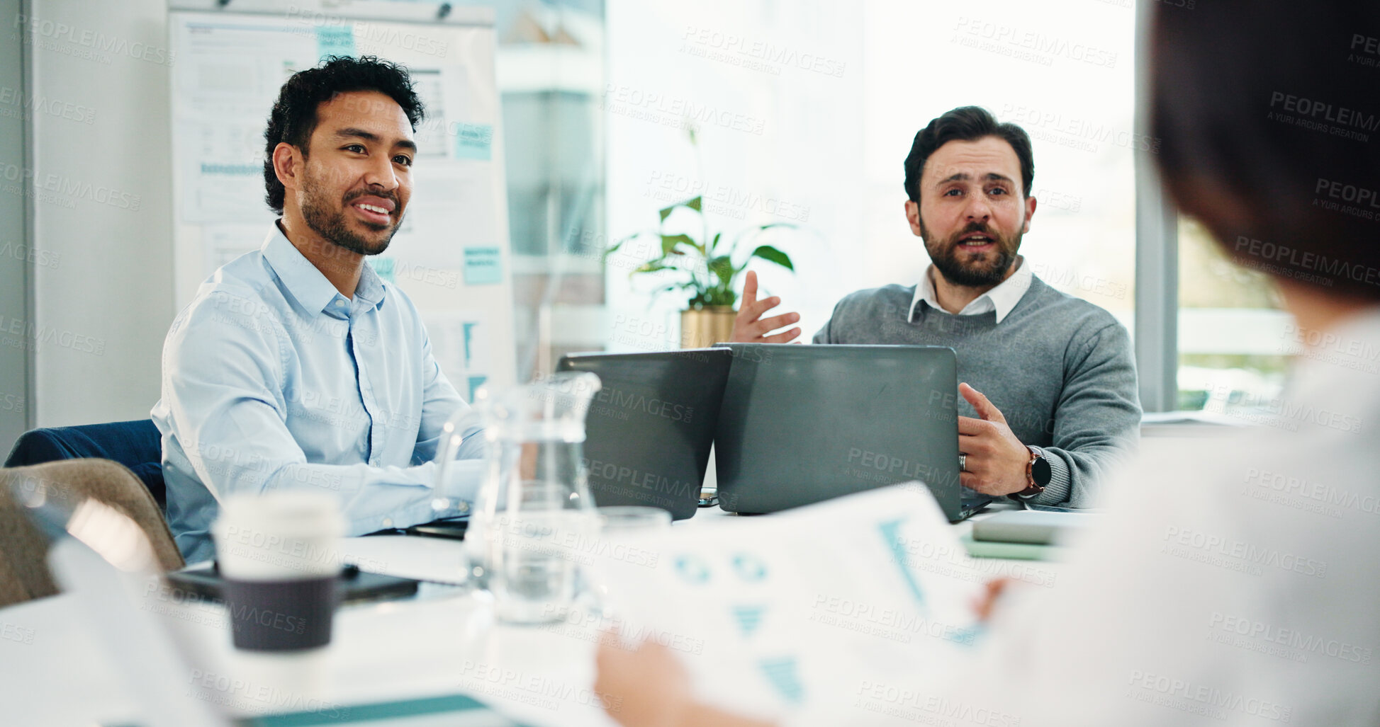 Buy stock photo Business people, meeting and laptop with documents for discussion, analytics or company performance. Group, employees or colleagues with paperwork for revenue, statistics or progress in workplace