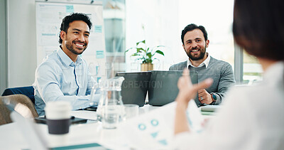 Buy stock photo Business people, documents and charts at office meeting with team, review or stats at finance company. Group, happy staff and planning with graphs, asset management and feedback at investment agency