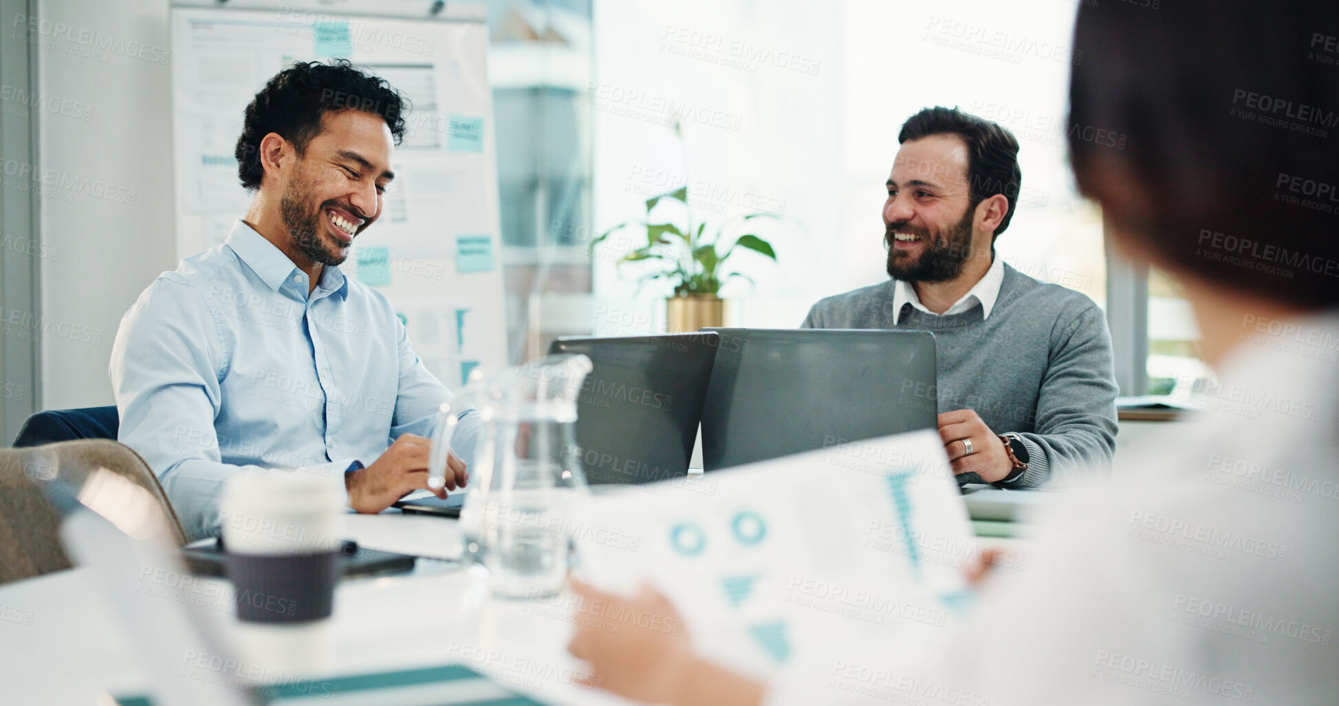 Buy stock photo Happy, business people or meeting with documents for analytics or company performance in office. Group, employees or colleagues with paperwork or laptop for revenue, statistics or data in workplace