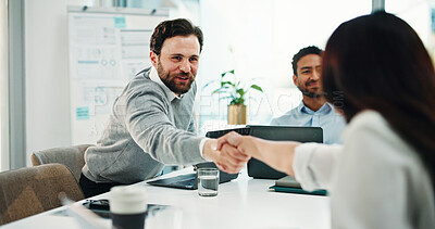 Buy stock photo Business people, meeting and hiring with handshake for onboarding, introduction or deal in office. Businessman, woman or colleagues shaking hands with smile for recruiting process or partnership