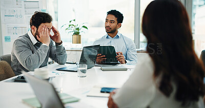 Buy stock photo Headache, meeting and business man in office with investment loss, company bankruptcy or debt. Migraine, team or employee with stress in workplace for financial challenge, proposal mistake or burnout