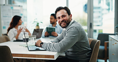 Buy stock photo Happy, office and portrait of business man for finance career, confidence and about us in boardroom. Corporate, team and worker with smile, pride and laptop for investment, financial report or review