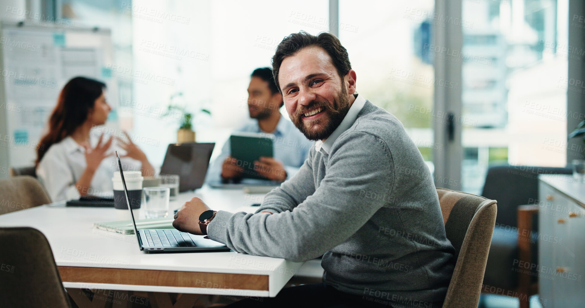 Buy stock photo Happy, office and portrait of business man for finance career, confidence and about us in boardroom. Corporate, team and worker with smile, pride and laptop for investment, financial report or review
