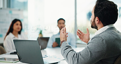 Buy stock photo Meeting, discussion and laptop with business people in office for research, project schedule and team. Proposal feedback, collaboration and online progress report with employees in agency for advice