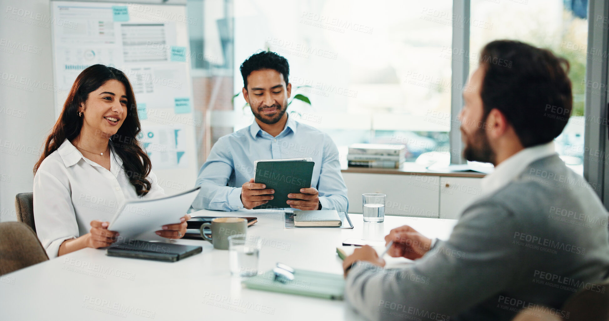 Buy stock photo Woman, documents and team at office meeting with planning, tablet and report at finance company. Group, happy staff and collaboration with tech, asset management and feedback at investment agency