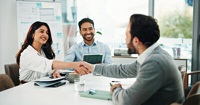 Buy stock photo Happy, business people and meeting with handshake for deal, b2b or agreement together in office. Businessman, woman or colleagues shaking hands with smile or team for hiring, recruiting or onboarding