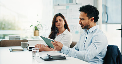 Buy stock photo Meeting, discussion and tablet with business people in office for research, project schedule and team. Proposal feedback, collaboration and online progress report with employees in agency for advice