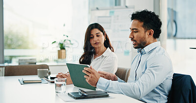 Buy stock photo Discussion, tablet and business people in office for finance review, meeting and budget planning. Teamwork, corporate and woman with man on digital tech, paperwork and research for financial report