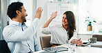 Review, high five or people in office with tablet, collaboration or investment opportunity in progress update. Success, team or analyst in agency with tech, profit or revenue growth in budget report.