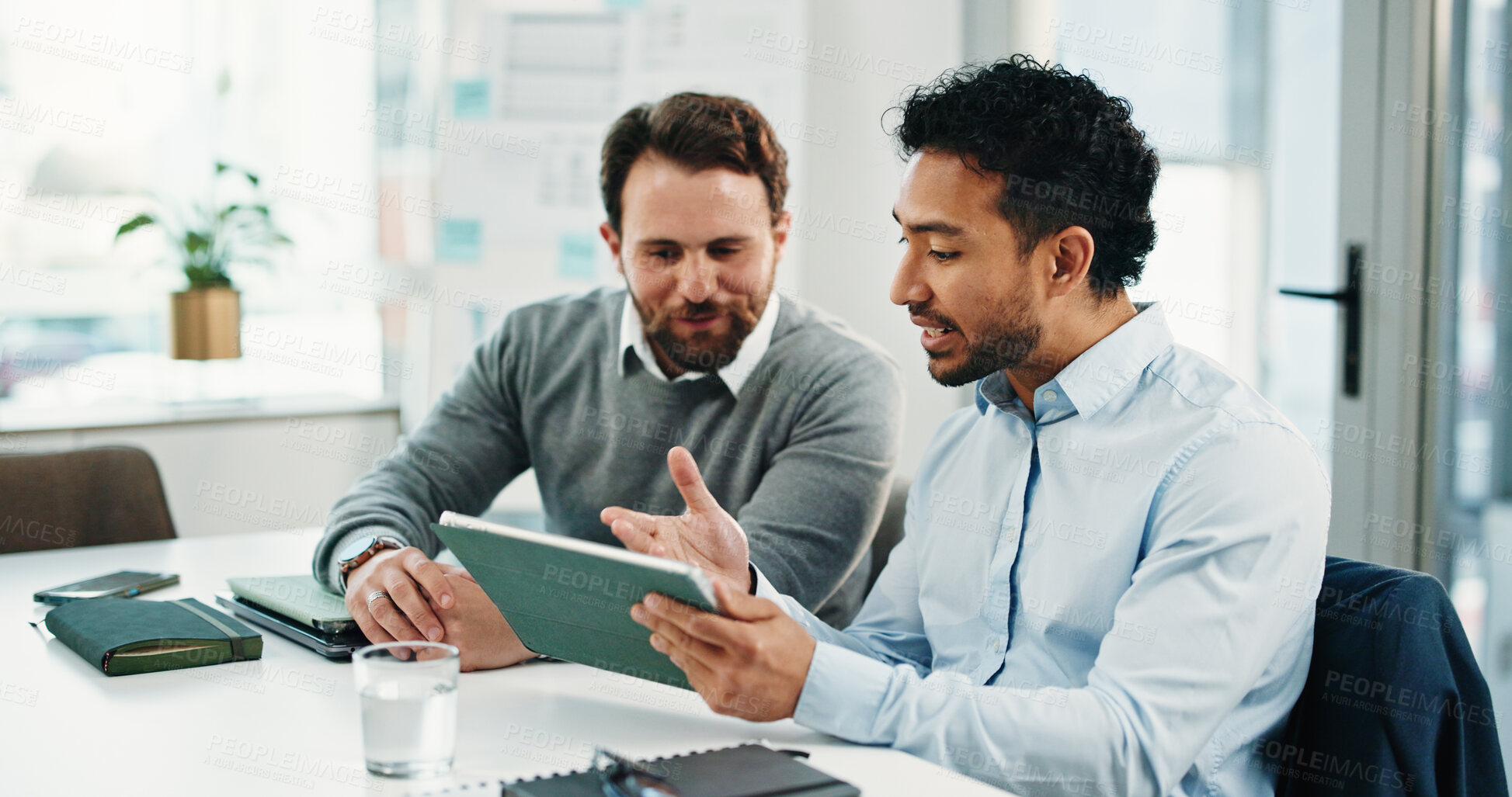 Buy stock photo Tablet, team and business men with discussion, insurance proposal or conversation in office. Technology, planning and meeting for idea, risk management and problem solving for policy coverage