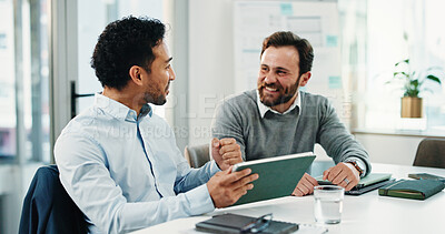 Buy stock photo Meeting, tablet and team with business people in office for research, project schedule and planning. Proposal feedback, collaboration and online progress report with employees in agency for advice