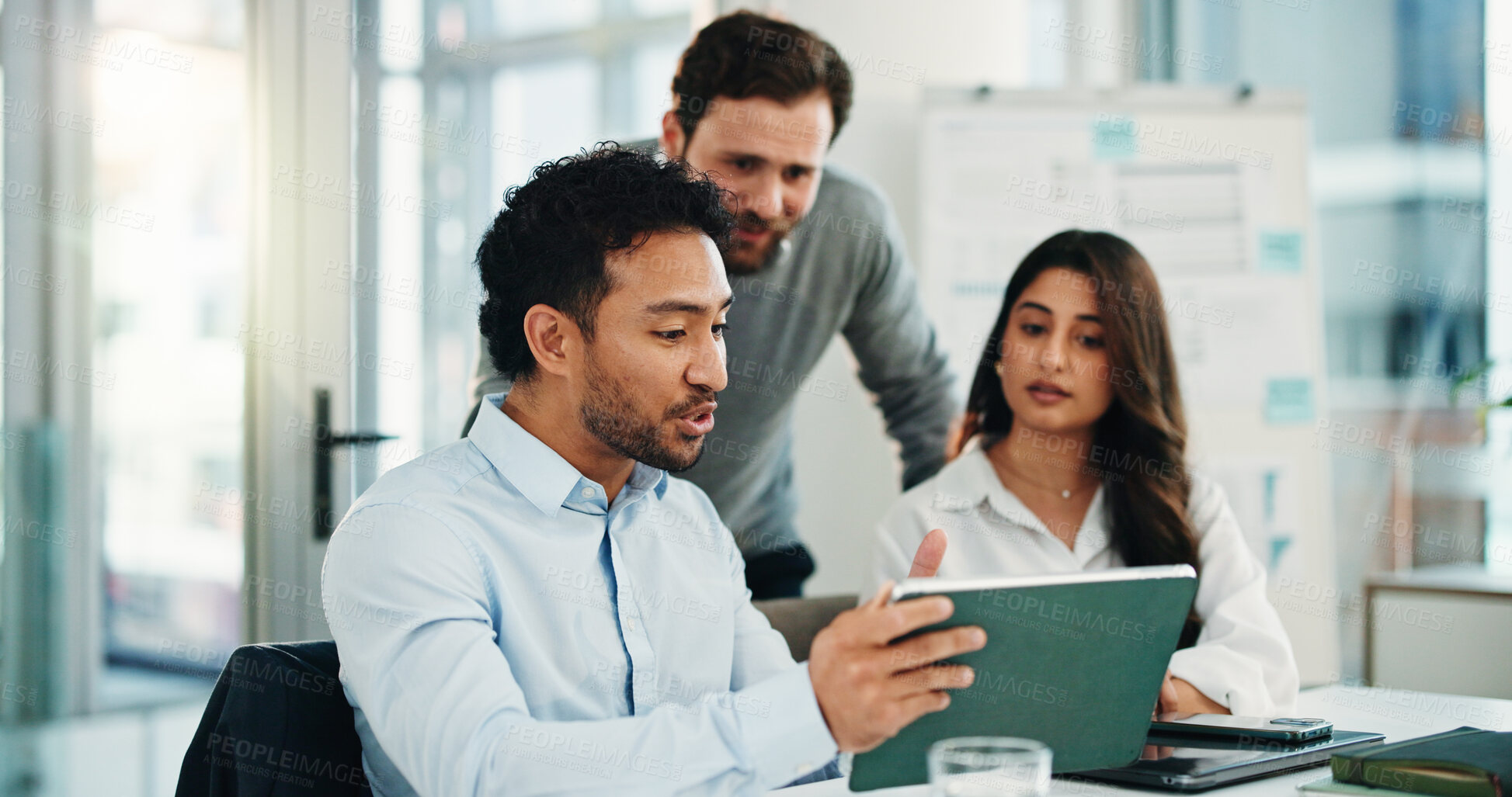 Buy stock photo Meeting, tablet and business people in office for financial review, discussion or budget planning. Teamwork, corporate and workers on digital tech for research, website or proposal for finance report