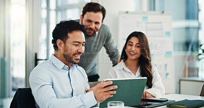 Buy stock photo Tablet, team and happy business people with conversation in office, insurance proposal or feedback. Technology, planning and group meeting for idea discussion, risk management and policy coverage