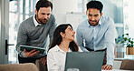 Woman, laptop and team at office meeting with discussion, smile or review with report at finance company. Group, men and collaboration with strategy, asset management or feedback at investment agency