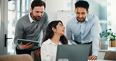 Buy stock photo Woman, laptop and team at office meeting with discussion, smile or review with report at finance company. Group, men and collaboration with strategy, asset management or feedback at investment agency