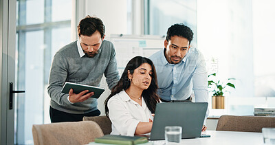 Buy stock photo Laptop, team and business people in office for problem solving, insurance proposal or conversation. Technology, planning and group meeting for idea discussion, risk management and policy coverage