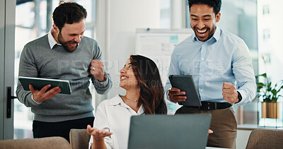 Buy stock photo Review, happy or team in office with laptop, collaboration or investment opportunity in progress update. Success, group or analyst in agency with tech, profit or revenue growth in budget report.