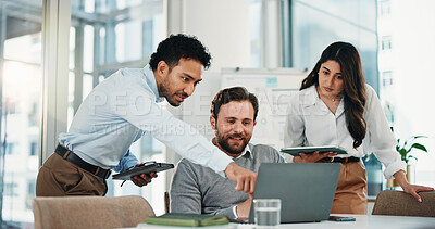 Buy stock photo Business, people or meeting with laptop in office for trading update, stock price interest or planning. Trader, team and pointing to tech for market research, financial news and monitoring portfolio