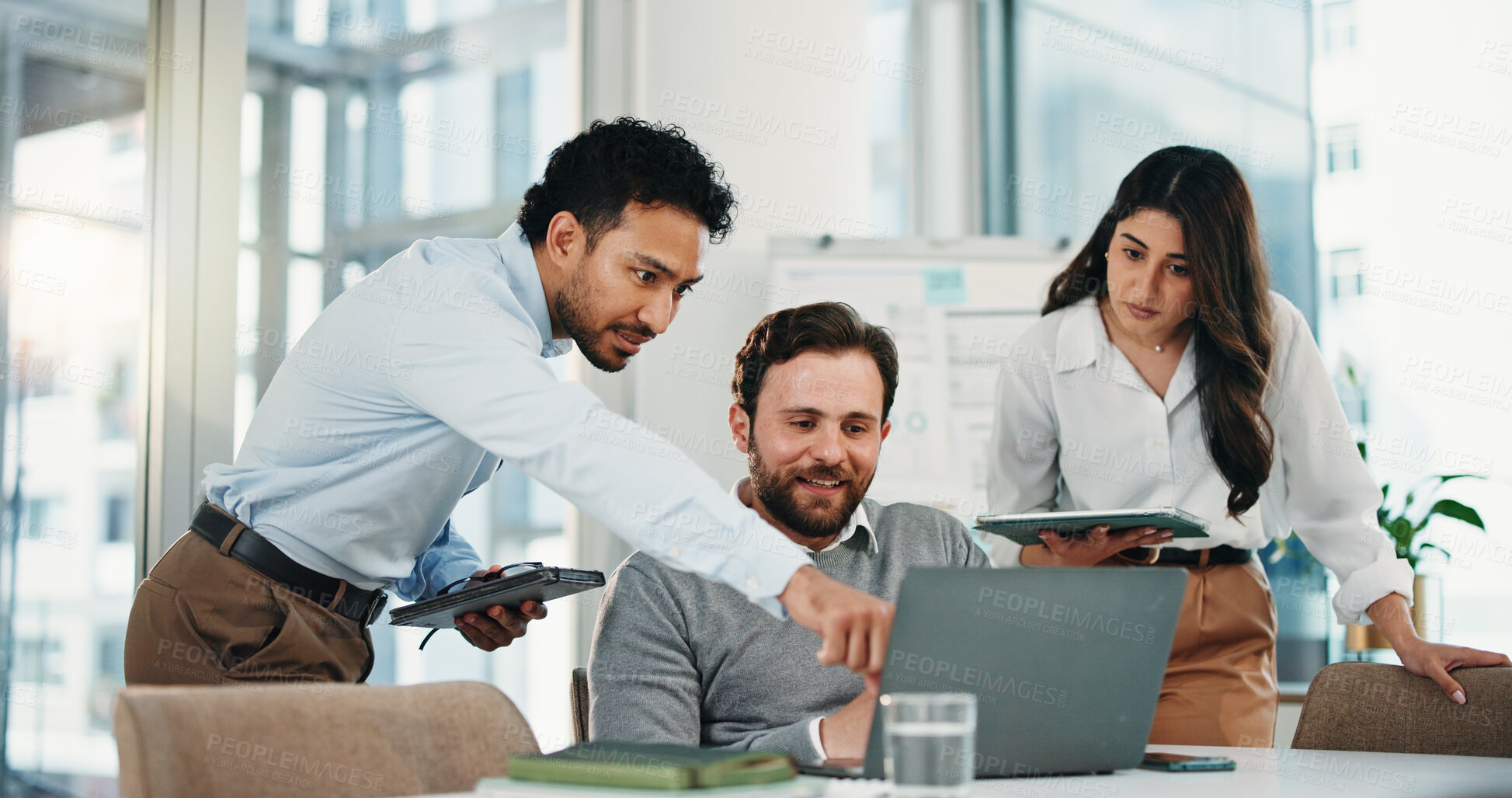 Buy stock photo Business, people or meeting with laptop in office for trading update, stock price interest or planning. Trader, team and pointing to tech for market research, financial news and monitoring portfolio