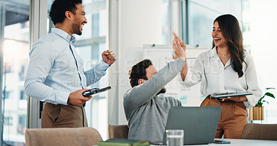 Buy stock photo Excited, business people and high five with team, laptop or good news for promotion or done project. Happy, group or employees with smile, computer or technology for corporate success or winning